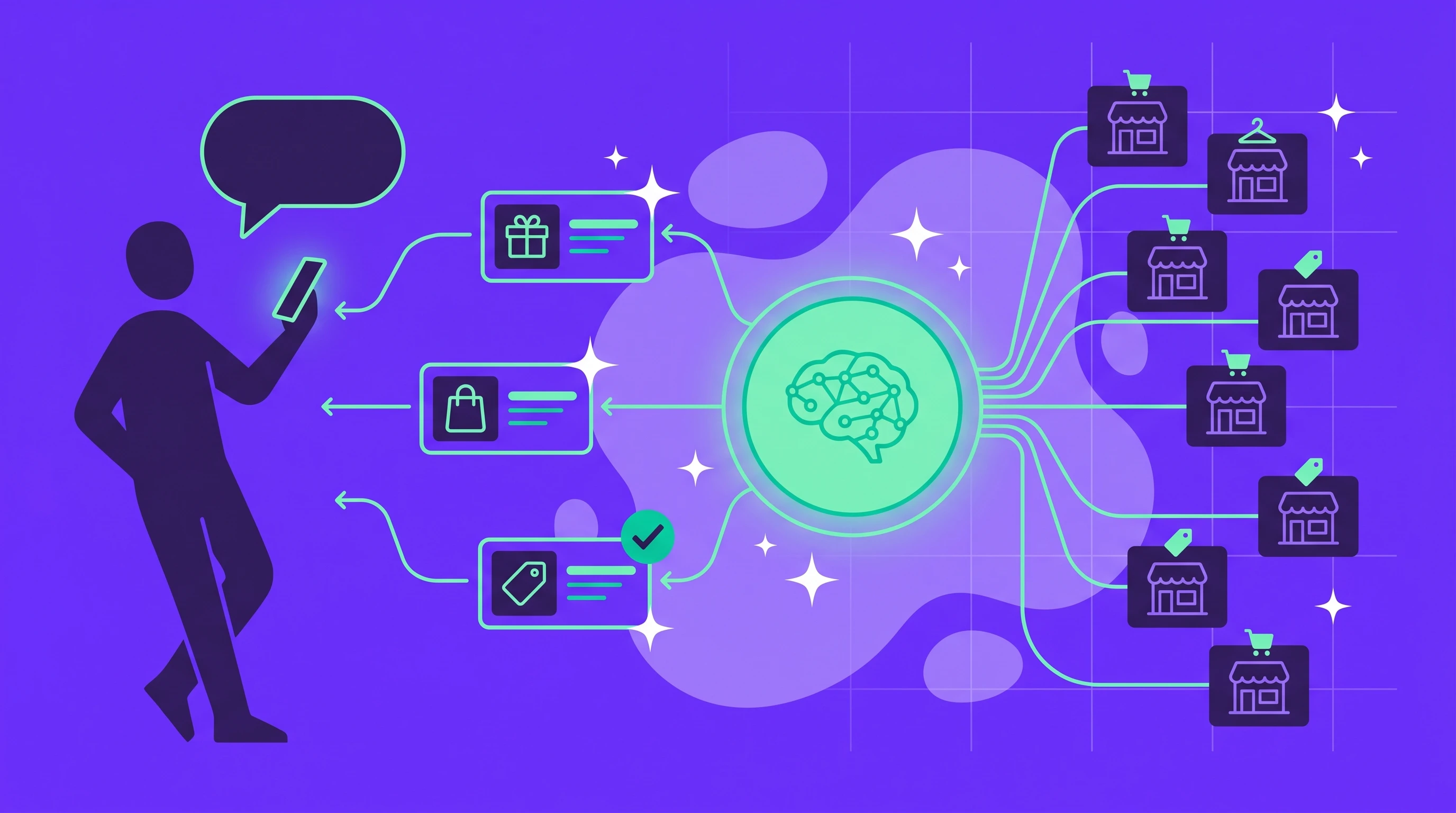 A shopper delegates to a personal AI assistant that negotiates with many merchant agents and returns three curated recommendations