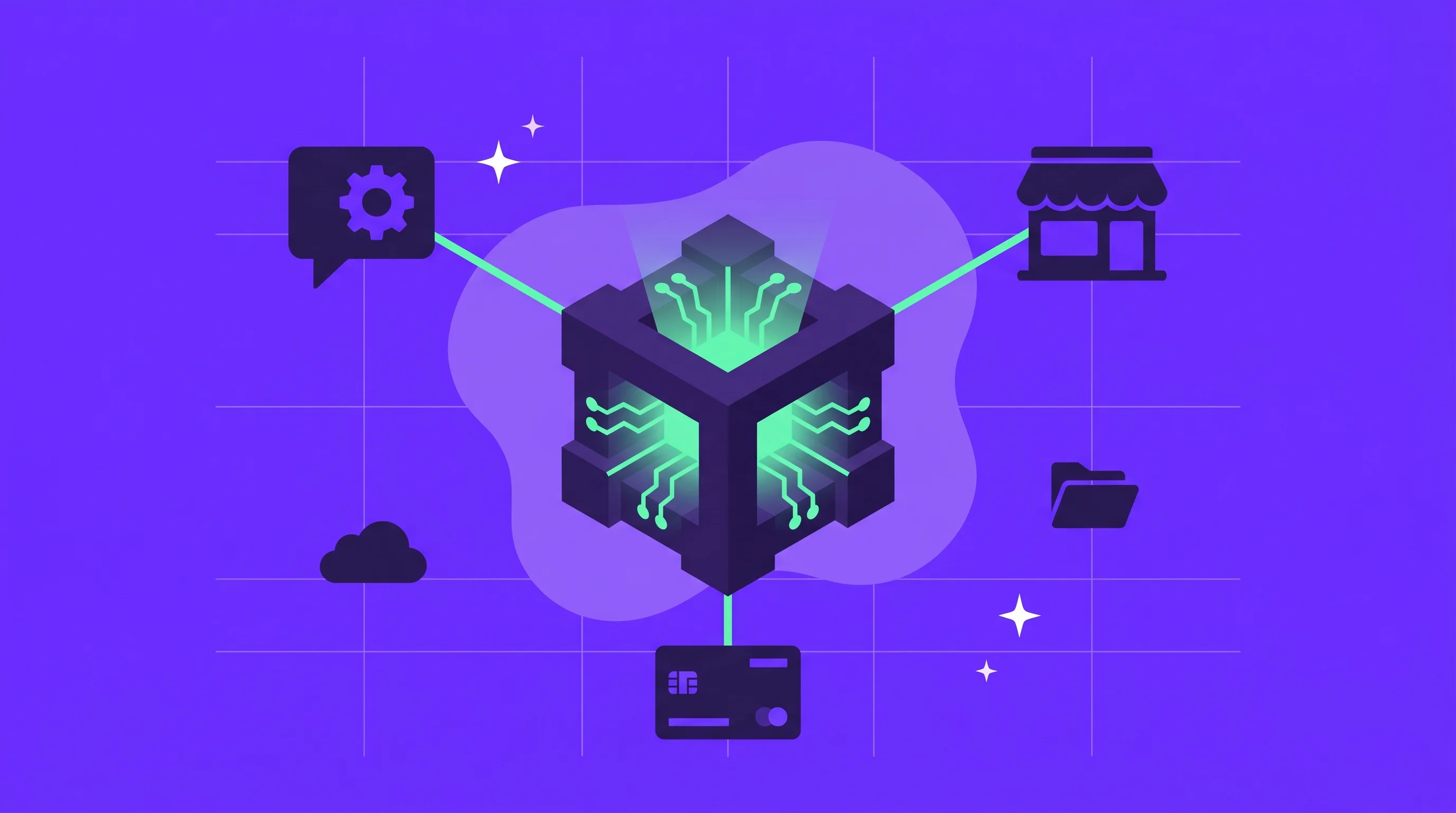 An orchestration hub at the centre connecting three clusters: AI agents, merchant storefronts, and payment rails, linked by glowing network lines