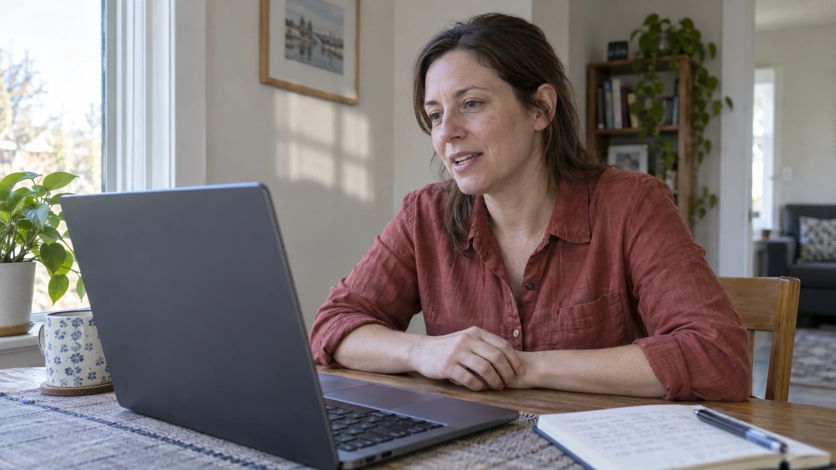 An applicant speaking during a remote video interview at home