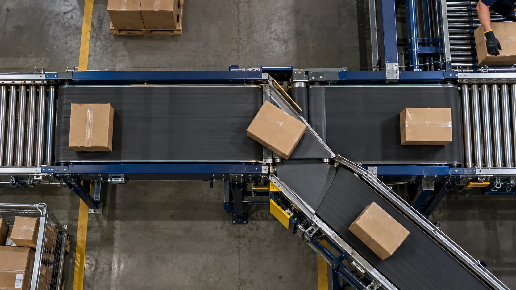 Overhead view of parcels moving through a sorting facility, illustrating commerce fulfilment