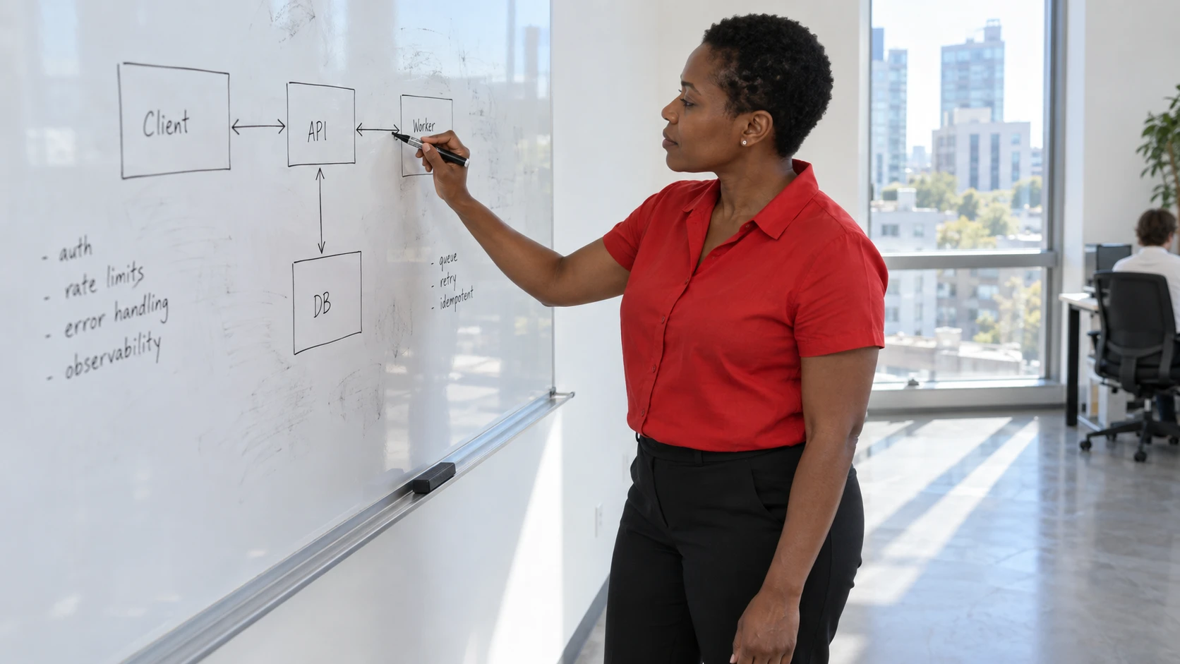 An engineer revising a software architecture diagram on a whiteboard