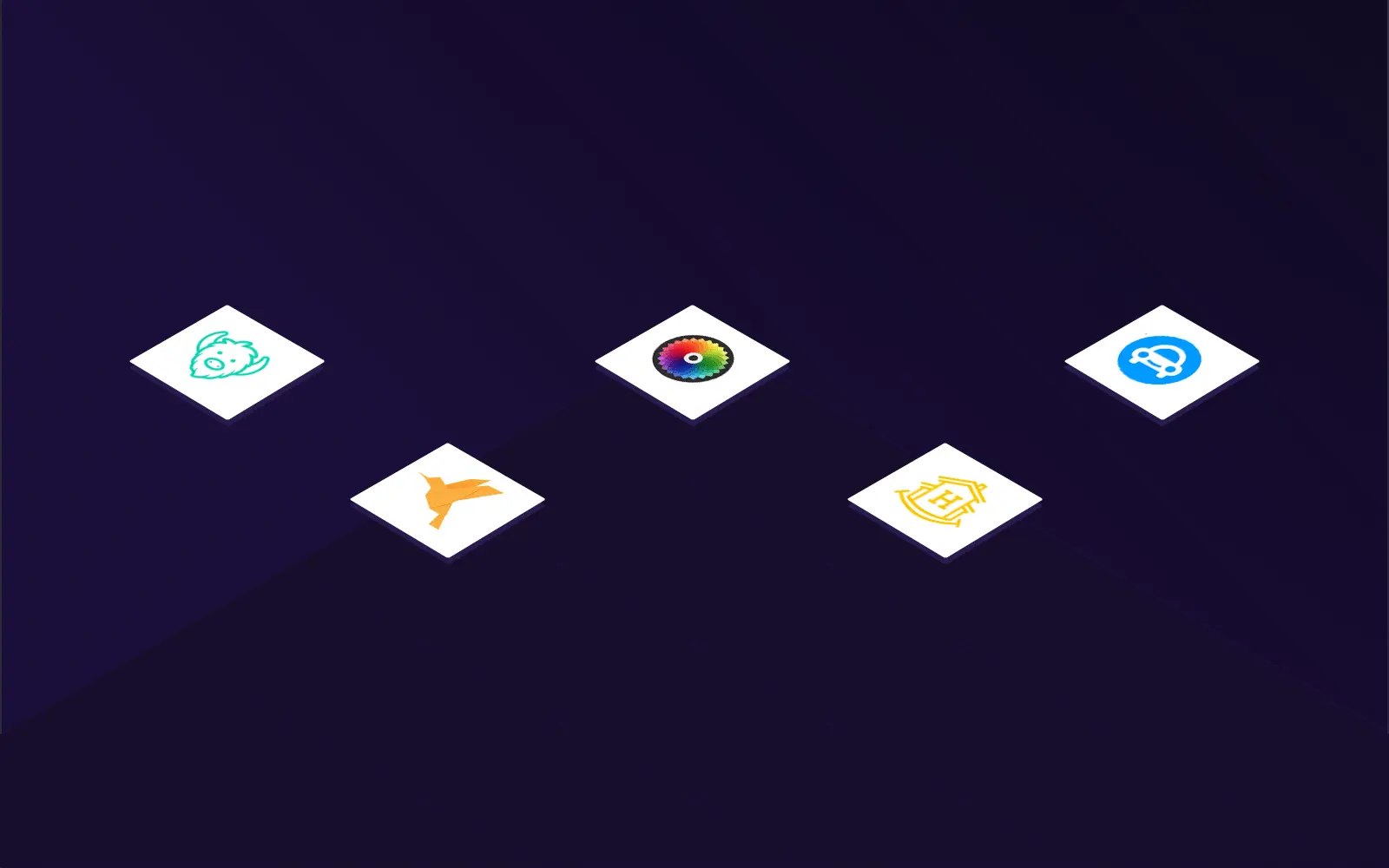 Floating company logos of startups that failed on a navy blue background