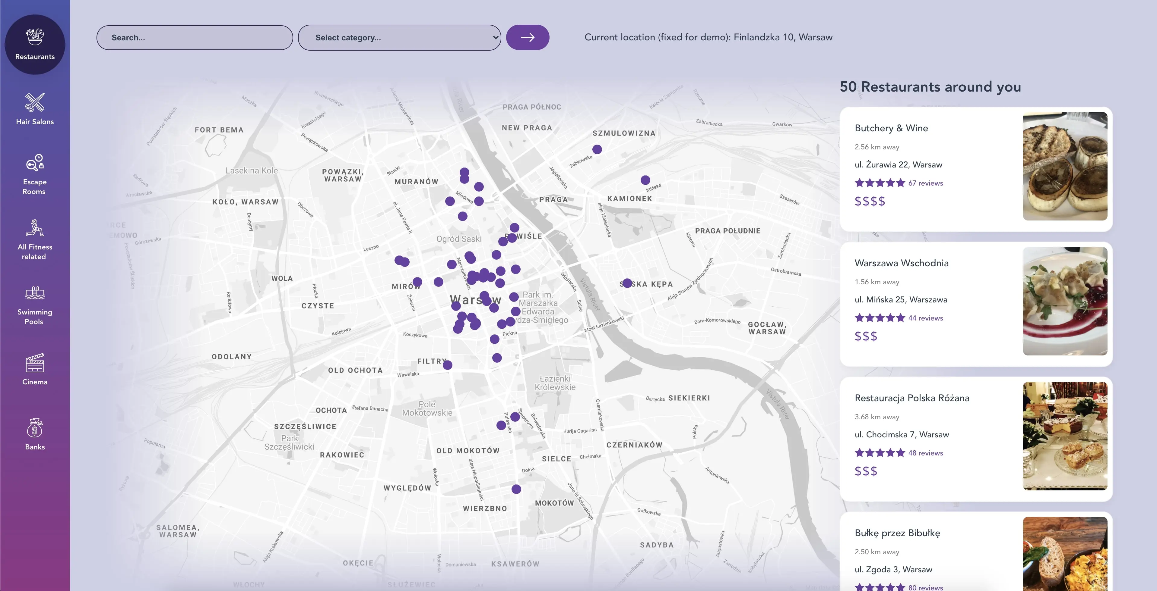 App with a map and list of restaurants