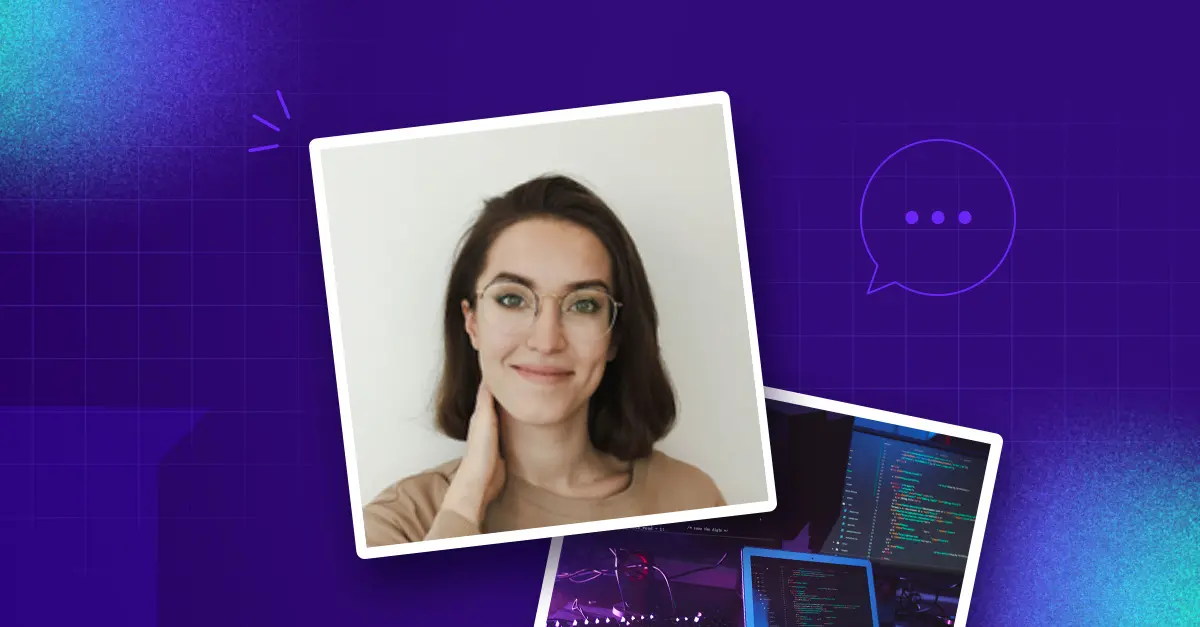 Photo of a white woman with dark hair and glasses against a blue background