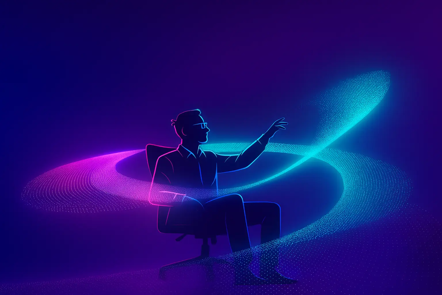 A man seated in a chair reaches toward vibrant turquoise and purple digital light trails, representing AI-augmented software development and the collaboration between human engineers and AI systems.