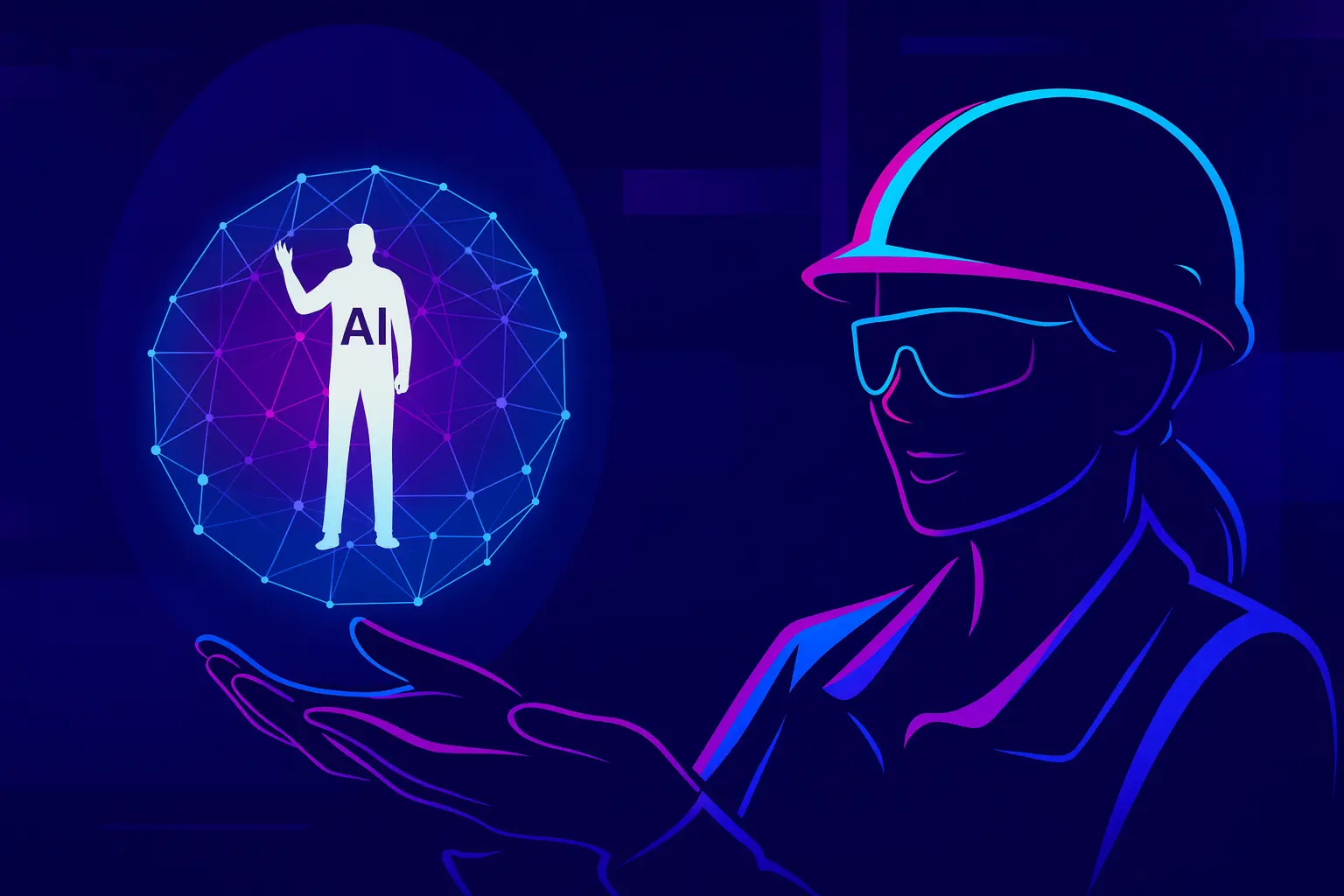 Construction worker in neon outline holding holographic sphere containing AI figure within connected network, showing how vertical AI agents deliver specialized industry solutions.