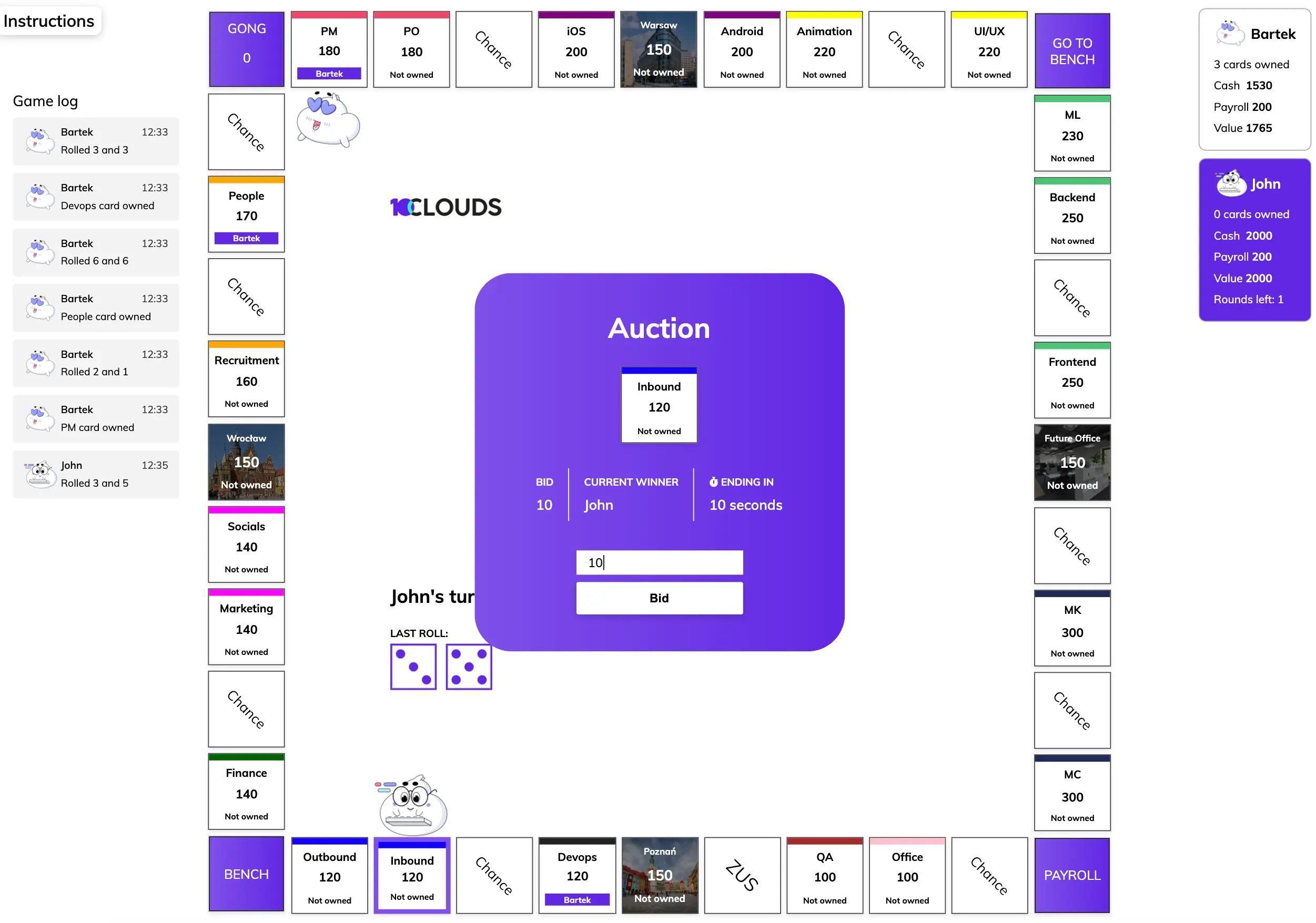 The Cloudopoly game board set up for players